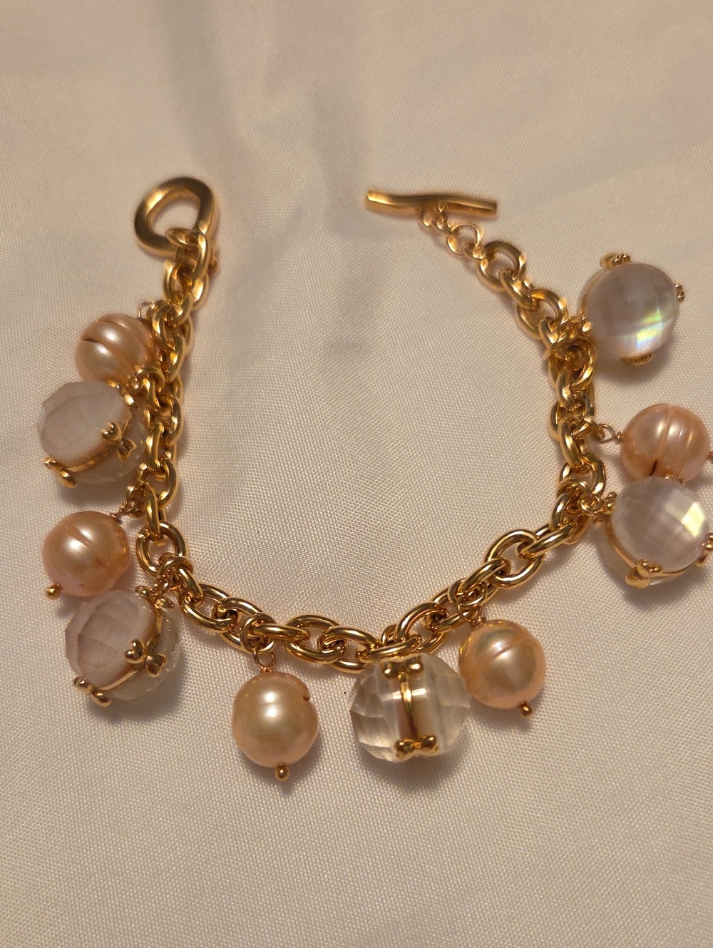 Rose Gold Chain Charm Bracelet with Pink Pearls and Clear Faceted Beads 7"